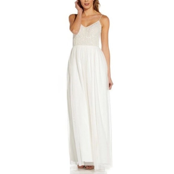 NWT Adrianna Papell Ivory Beaded Bodice Tulle Gown